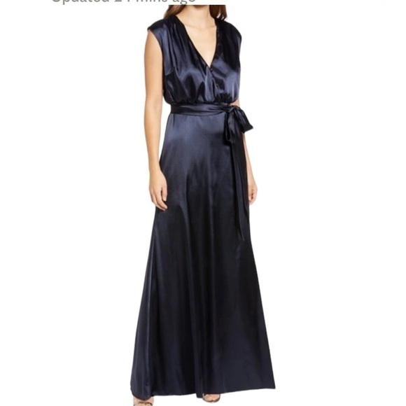 Dessy Collection V Neck Stretch Satin Charmeuse Gown In Midnight Blue - Picture 1 of 15
